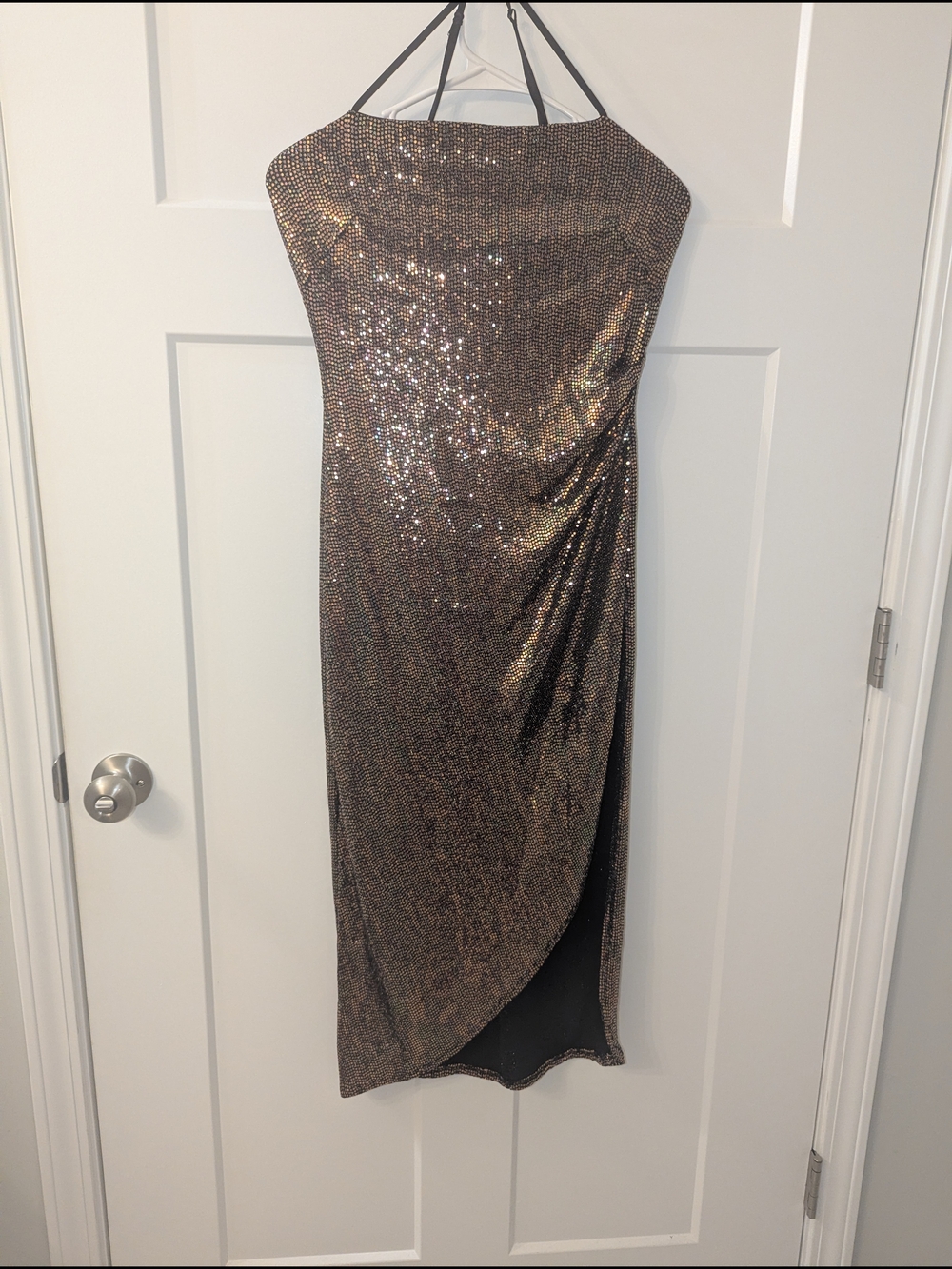 Emerald Sundae Metallic Sequin Strapless Midi Dress in Bronze
